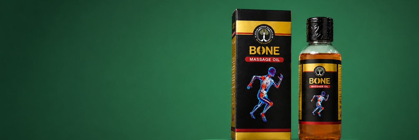 BONE massage oil bottle and packaging on a green background